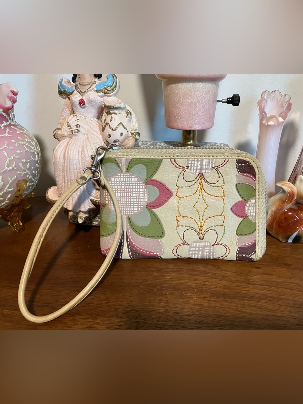 Fossil Floral Wristlet Clutch - Pink, Green & Cream